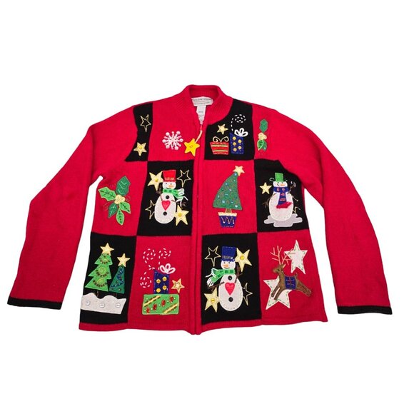 Tiara International Sweaters - Tiara International Christmas Cardigan Sweater Red Medium Embroidered Full Zip